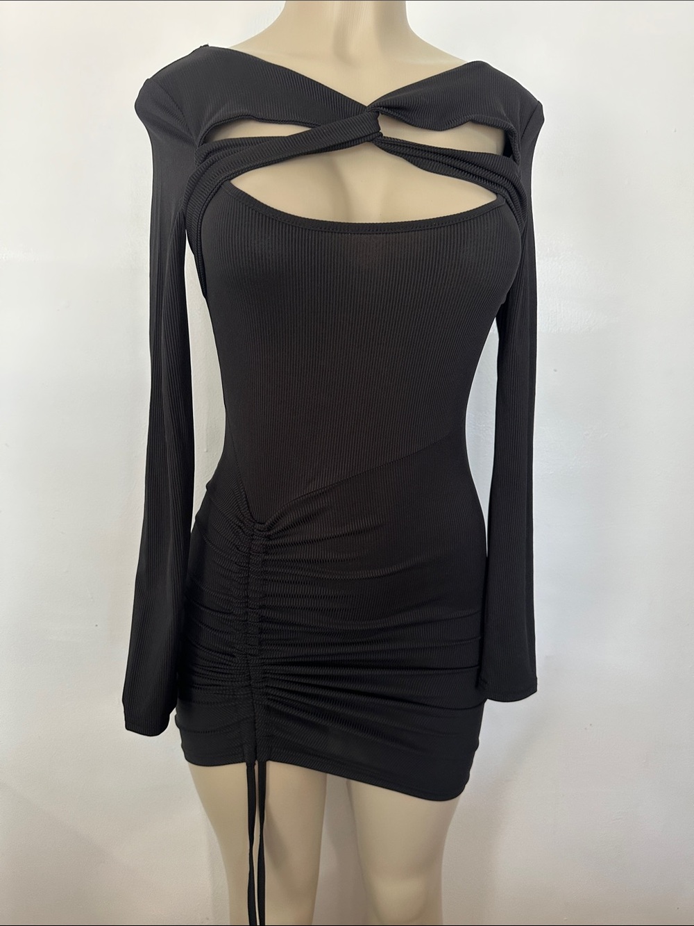 Black Long-Sleeve Cutout Ruched Bodycon Dress